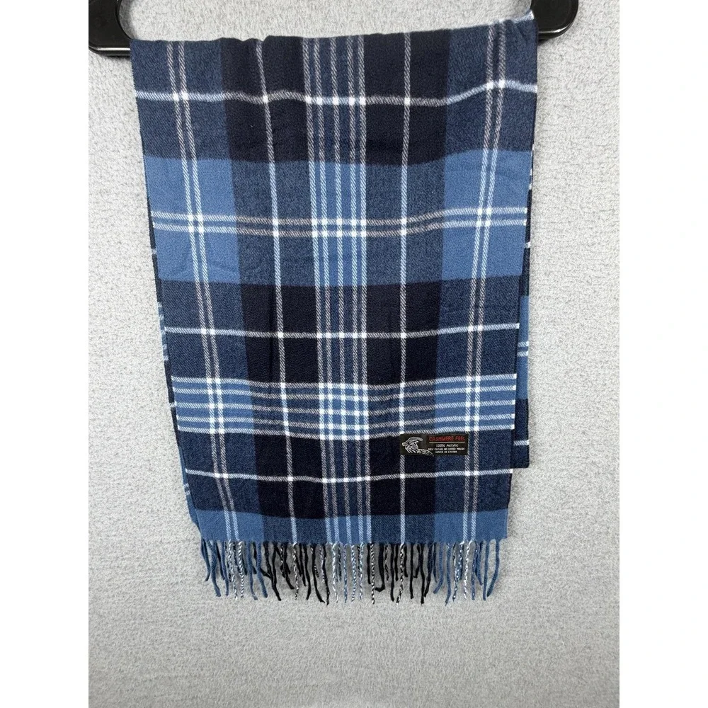 Cashmere Feel Scarf Mens One Size Blue Plaid Fringe Soft Winter Neck Warmer